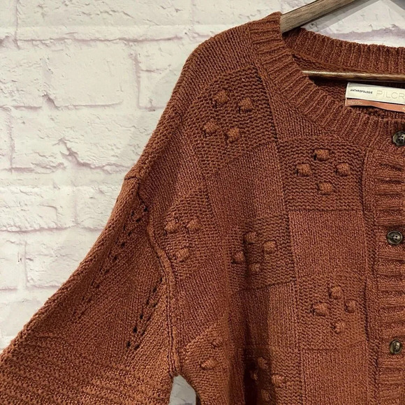 ANTHROPOLOGIE‎ Pilcro Textured Puff Sleeve Cardigan Sweater Size XL Button Front - Picture 5 of 11